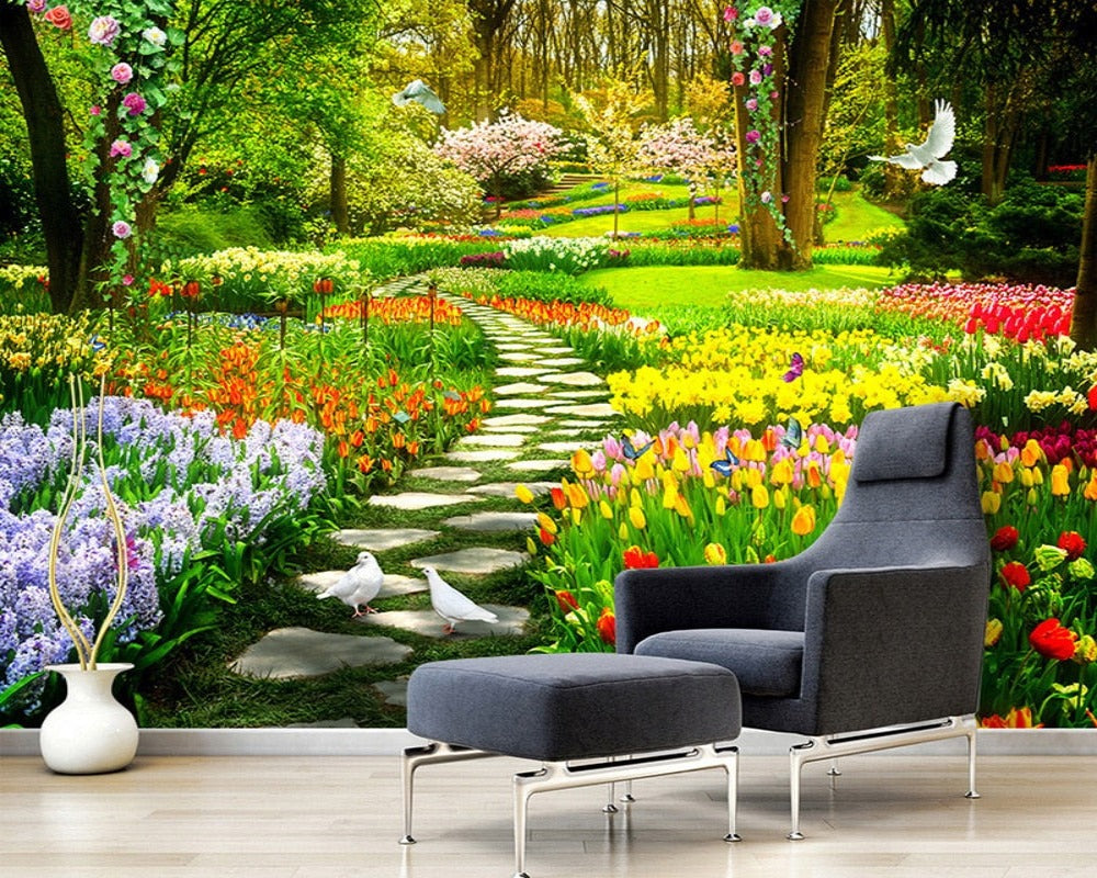 3D Wallpaper Flower Garden Path